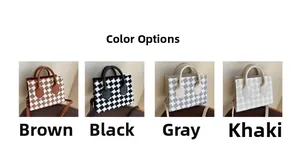 Detailed grid view of plaid tote bags in brown, black, grey and khaki woven fabric