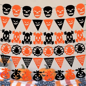 Halloween Non-Woven Fabric Banner Black Orange Garland Skull Spider Pumpkin Pattern Haunted House Party Hanging Decoration