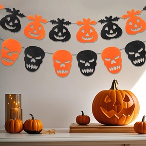 Halloween felt banners with orange pumpkins and black skulls for home party decorations