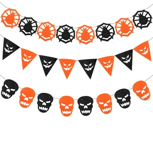 Halloween felt banner set with orange and black spider webs, pumpkins and skulls