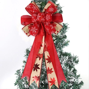 Christmas Tree Topper Bow Red Buffalo Plaid Snowflake Reindeer Print Faux Burlap Velvet Bowknot Hanging Ornament Decor