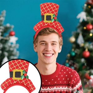 Christmas headband featuring a red gold-grid top hat with holly leaves and berries