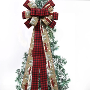 Rustic buffalo plaid Christmas tree topper bow with red truck and forest pattern