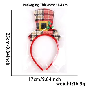 Plaid Christmas top hat headband dimensions 25cm by 17cm with festive holly berries