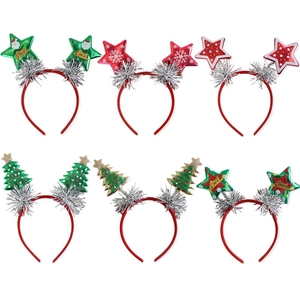 Set of 6 Christmas headbands featuring stars, snowflakes, and festive trees on red bands