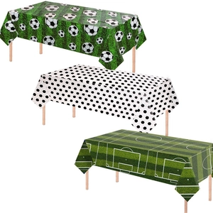 Three-pack soccer theme disposable PE tablecloths featuring grass field and ball patterns