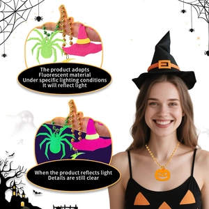 Luminous Halloween felt necklace featuring pumpkin and spider charms with glowing effect
