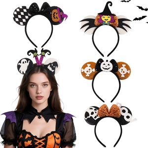 Detail of Halloween Mickey headbands with BOO sequins, pumpkin and bat party motifs