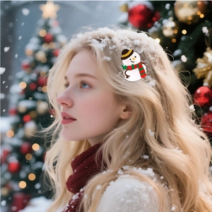 Close-up of a snowman hair clip on a blonde model with a festive Christmas background