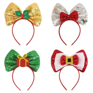 Set of four Christmas sequin bow headbands with Santa Claus and gift patterns