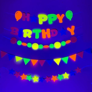 Banner Alfabeto Happy Birthday in Feltro Neon Fluorescente Ghirlanda a Stella Triangolo Tondo per Decorazione Festa di Compleanno Evento