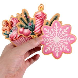 Pink Santa Claus and gingerbread wooden ornaments for DIY Christmas tree decoration
