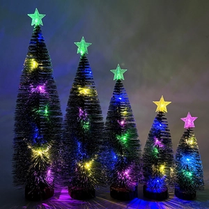 Mini LED Lighted Christmas Tree With Star Topper Snow Flocked Pine Needle Tree Wood Base For Christmas Desktop Decor