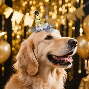 Chapeau de fête doré à paillettes pour animaux avec voile gris et pompon noir