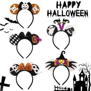 Set of five Halloween sequin mouse ear headbands featuring pumpkin and ghost designs