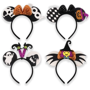 Halloween mouse ear headbands with sequin bows, pumpkin, ghost, and witch designs