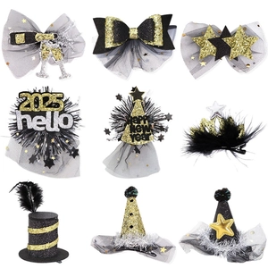New Year pet hair clips set with black and gold bow ties and 2025 party themes