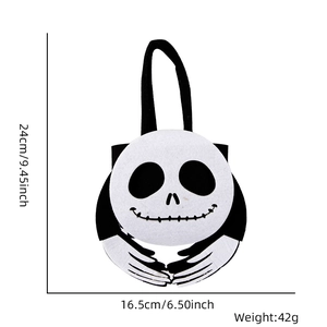 Detailed dimensions of the Halloween felt skull candy bag showing height and width