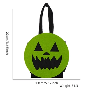 Green pumpkin felt bag with size markers 22cm high and 13cm wide for Halloween decor