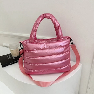 Large Capacity Quilted Puffer Tote Bag For Women Metallic Nylon Shoulder Bag With Detachable Strap Fashion Padded Handbag