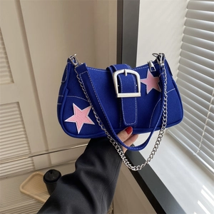 Y2K Star Canvas Underarm Bag For Women Fashion Large Silver Buckle Chain Shoulder Bag Retro Streetwear Small Square Bag
