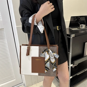 Color block tote bag with fashion print scarf detail and large capacity for women