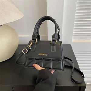 Classic black PU leather small square crossbody bag with diamond lattice quilted pattern