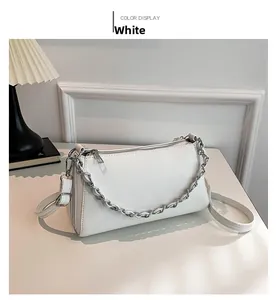 Close-up of white lychee pattern PU leather bag with chunky silver chain and strap