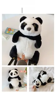 Detail view of large plush panda backpack in soft black and white faux fur material