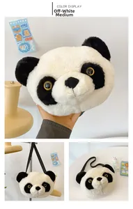 Detail view of plush panda head bag in cream white with adjustable black shoulder straps