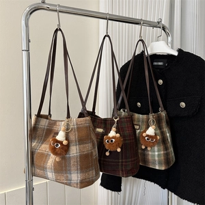 Vintage checkered wool tote bags with plush monster pendants for women in winter
