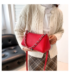 Detail of red litchi texture handbag with silver chain and detachable leather strap