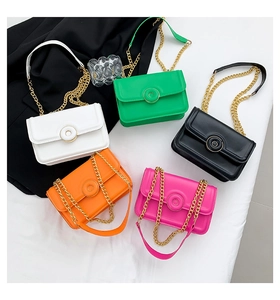 Mini flap square bags collection in five colors with metal chain and gold buckle detail