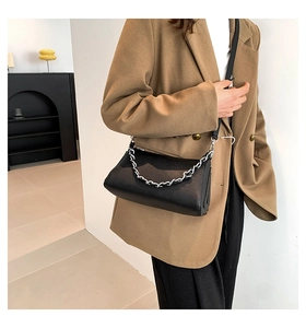 Detail of minimalist black PU leather bag featuring a chunky silver chain strap accessory