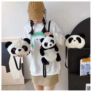 Three plush panda bags shown including crossbody and backpack styles on a model