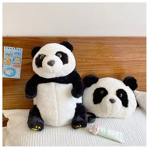 Detail of plush panda backpack and crossbody bag with high-quality embroidery and soft fur
