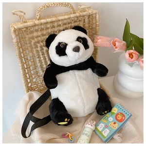 Detail of soft plush panda backpack with adjustable straps and yellow paw embroidery