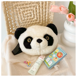 Detail of soft plush panda head bag with fluffy texture and cute embroidered eyes