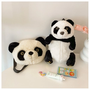 Detail view of plush panda shoulder bag and backpack made of soft faux fur material