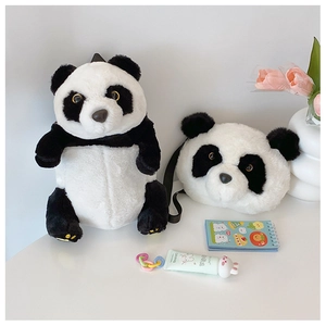 Detail of plush panda backpack and crossbody bag with soft faux fur and cute 3D ears