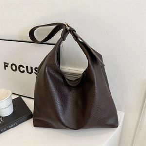 Large dark brown pebble leather hobo bag for women with minimalist shoulder strap design