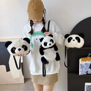 Cute panda plush backpack and crossbody bag set made of soft black and white faux fur