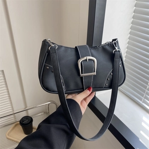 Bolso de Axila de Cuero PU Vintage Mujer Hebilla de Metal Plateado Remache Bolso de Hombro Retro Textura Denim Bolso de Mano Cuadrado Pequeño