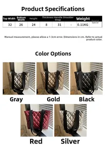 Size chart and dimensions for the quilted rhombus tote bag in five metallic colors