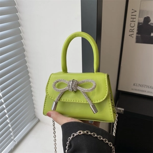 Mini Sac Bandoulière pour Femmes en Cuir PU Avec Nœud en Strass Petit Sac à Main Carré Décoratif Avec Bandoulière en Chaîne Métallique