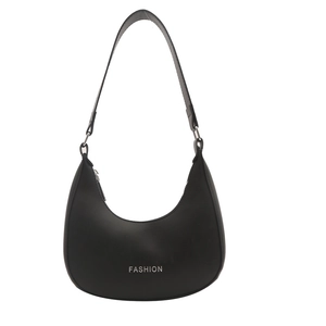 Minimalist black crescent moon shoulder bag in matte faux leather with Fashion text