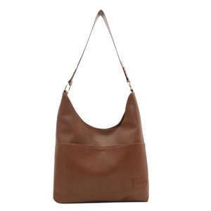 Borsa a secchiello marrone in pelle con tracolla e etichetta Fashion & Bags su sfondo bianco