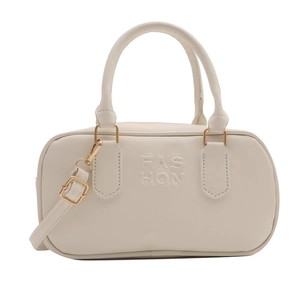 Vintage cream white Boston handbag with FASHION embossing and adjustable gold strap