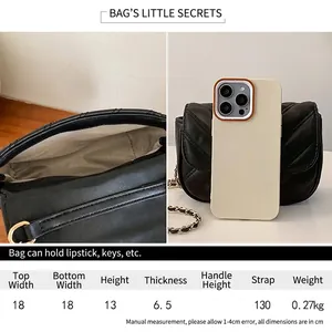 Bolso bandolera acolchado negro con dimensiones y vista detallada del compartimento interno