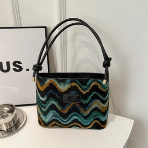 Retro Zigzag Wave Pattern Knit Fabric Bucket Bag Fashion Women Shoulder Handbag With Knot Strap Casual Daily Crossbody Purse